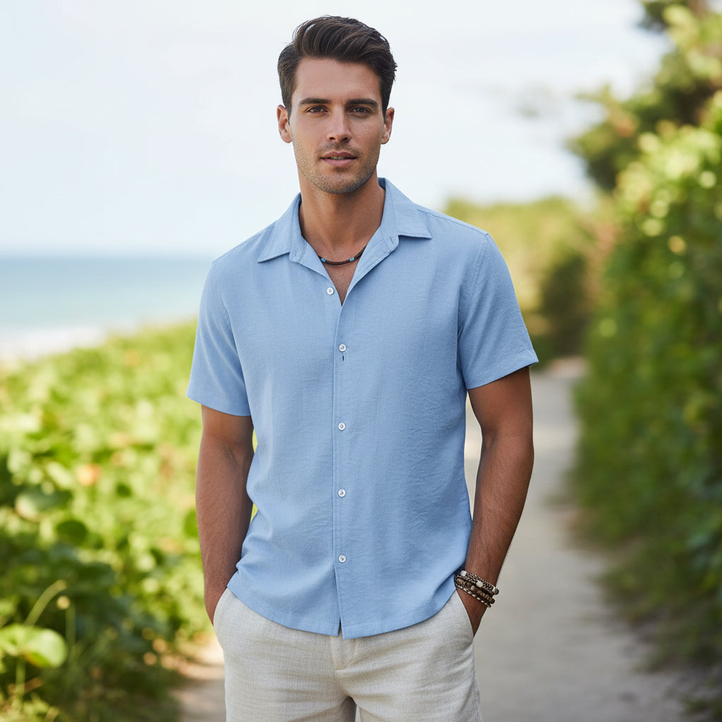 Elevate Your Style with Our Versatile Cotton=Linen Short Sleeved Shirt