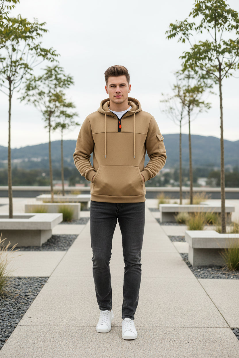 Beige hoodie with a zipper on a white background