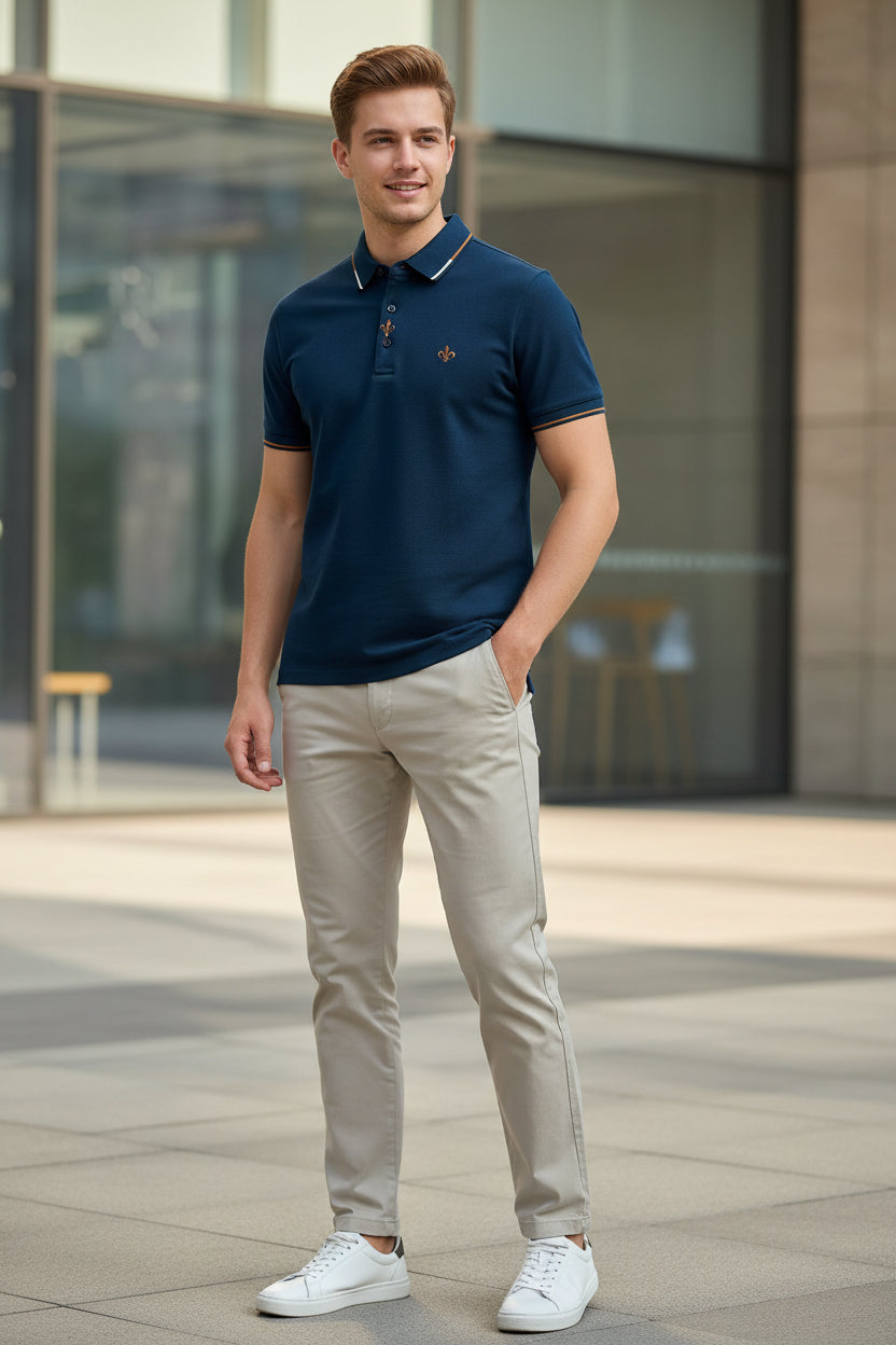 Navy blue polo shirt with white trim on a hanger against a gray background