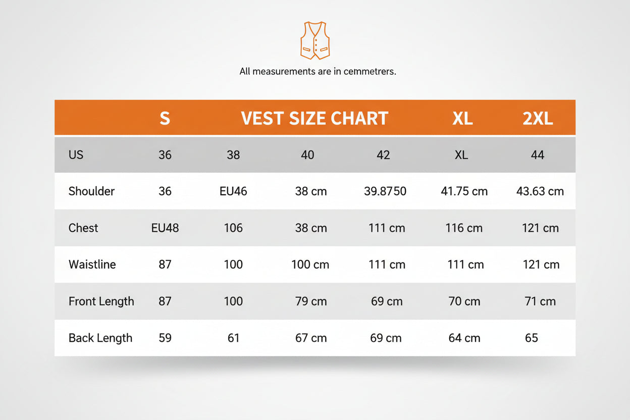 Size chart for clothing with measurements in US and EU standards.