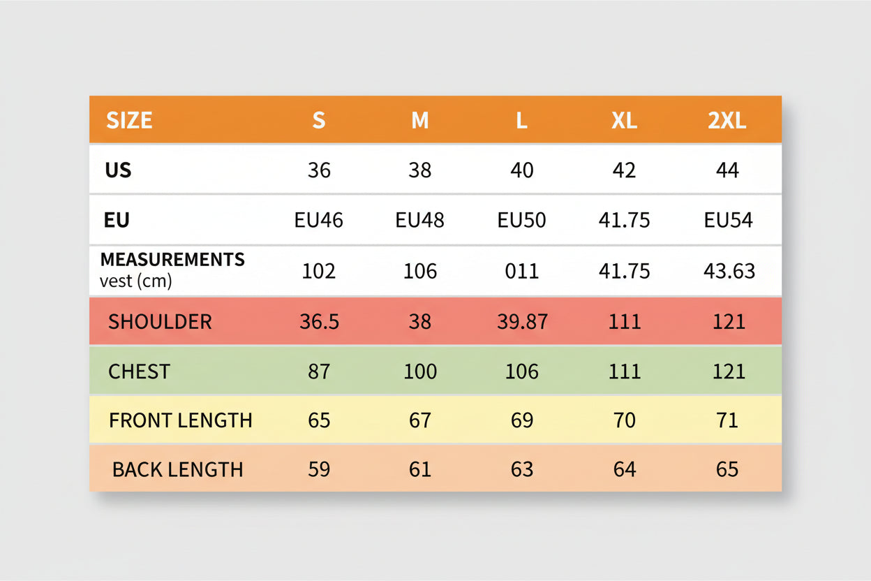 Size chart for clothing with measurements in US and EU standards.