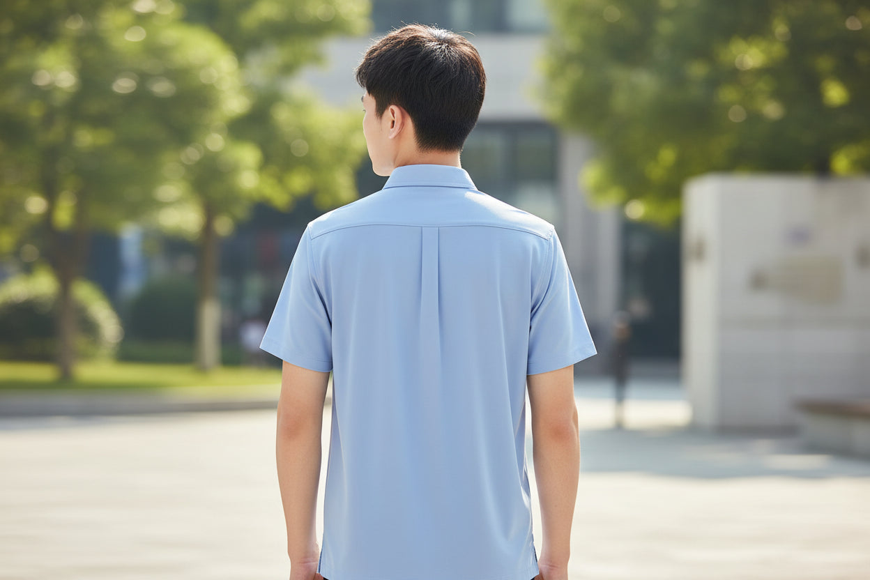 Light blue short-sleeve shirt on a white background
