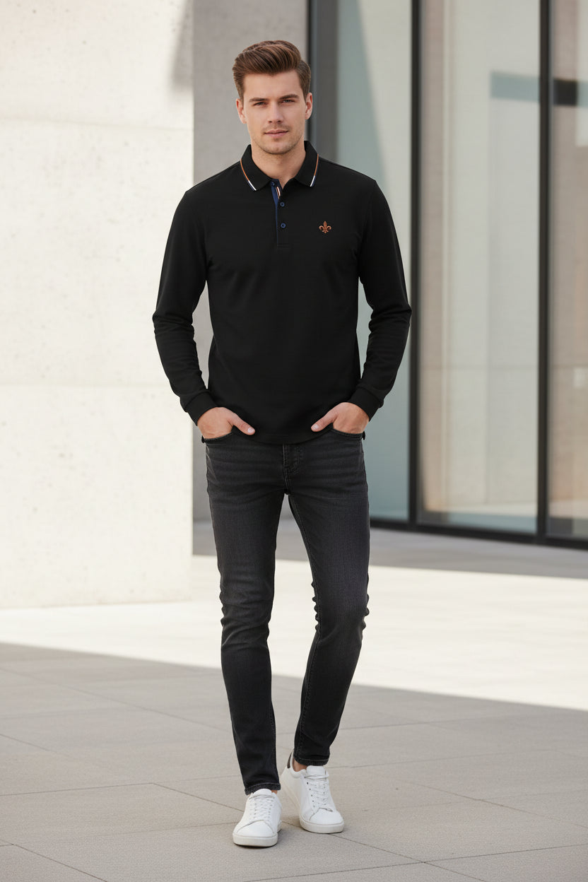 Navy blue pullover with plaid collar on a gray background
