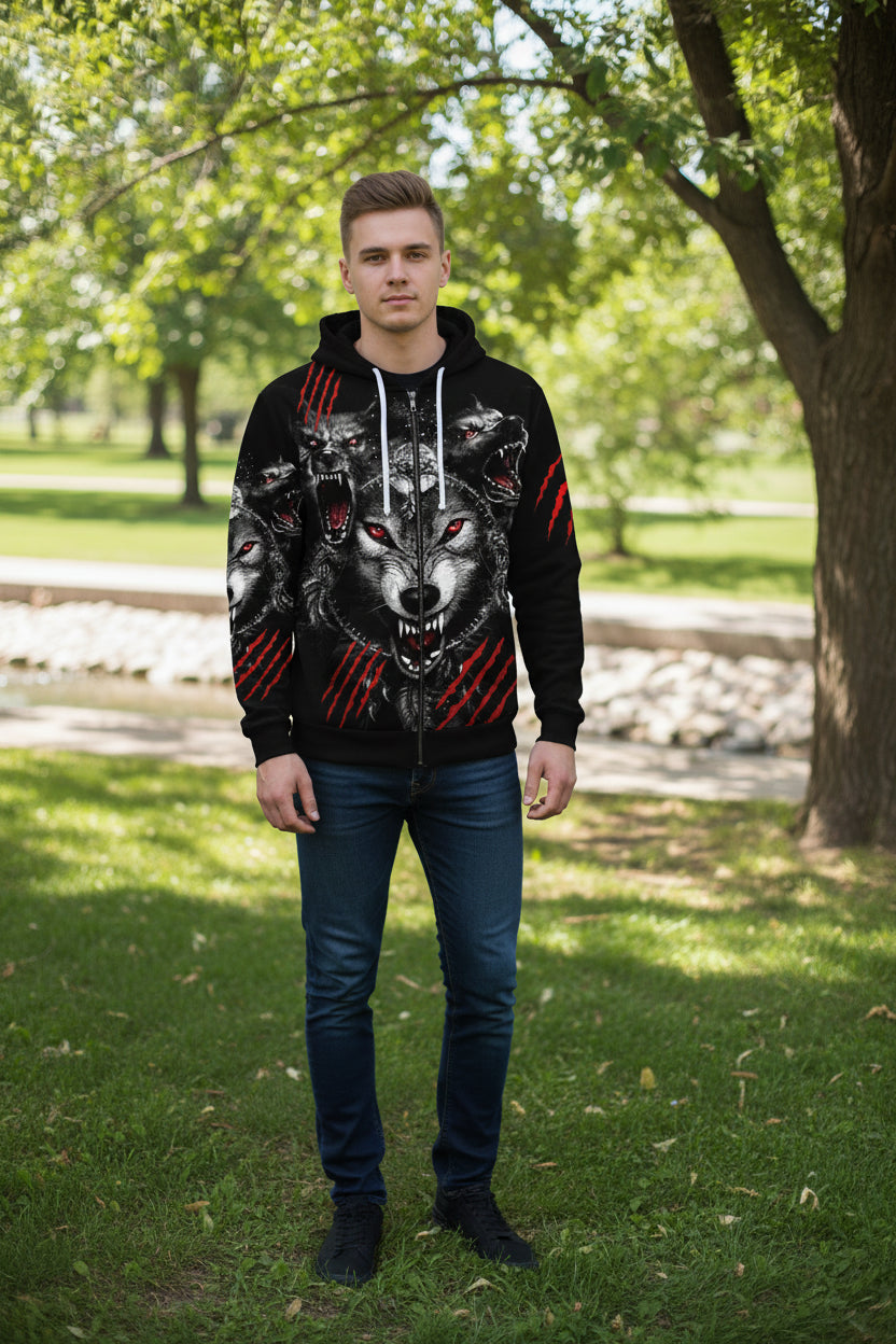 Black hoodie with wolf design and red accents on a white background