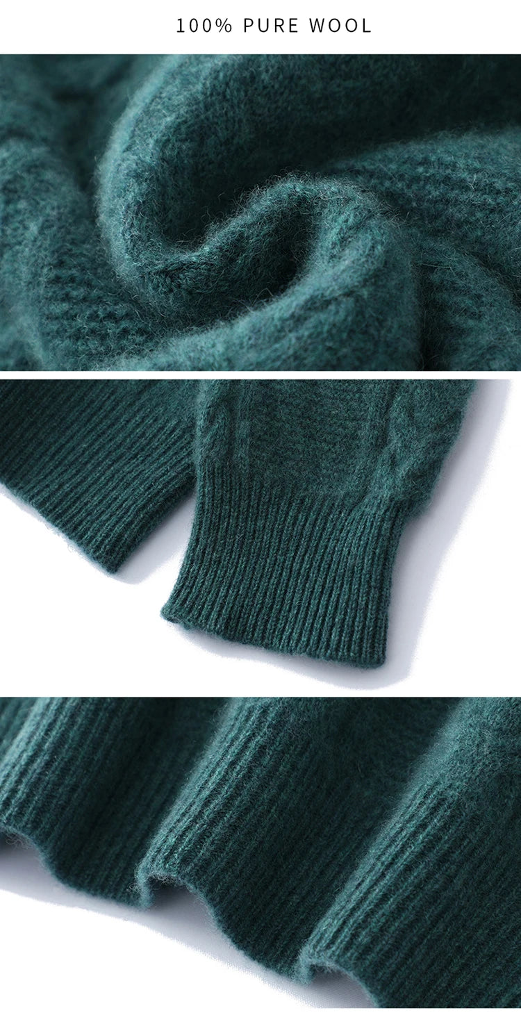 100% Merino Wool Sweater Men's Round Neck Thickened Tops Autumn Winter New Soft Warm Casual Solid Color Knitted Pullover
