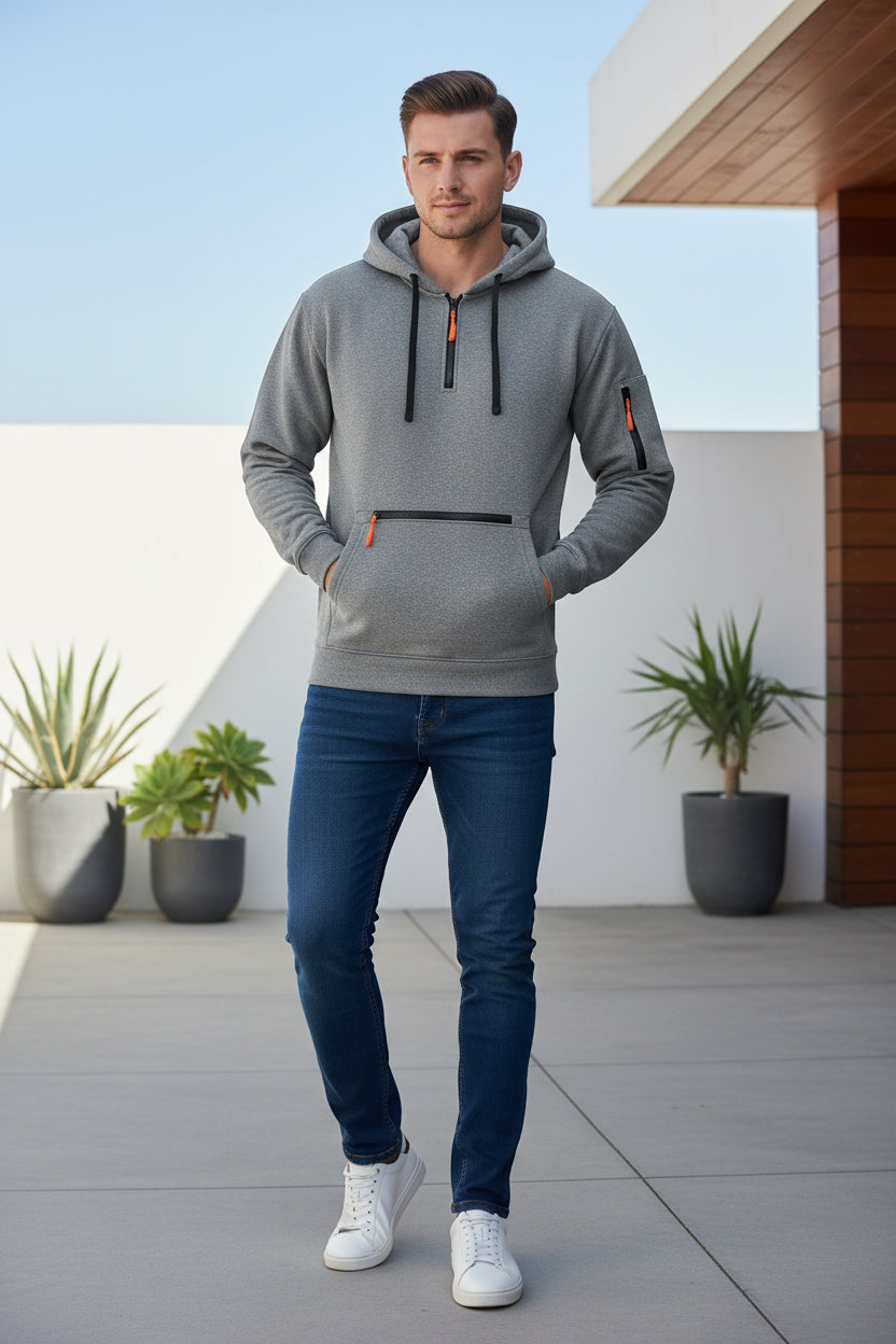 Gray hoodie with black and orange zippers on a white background