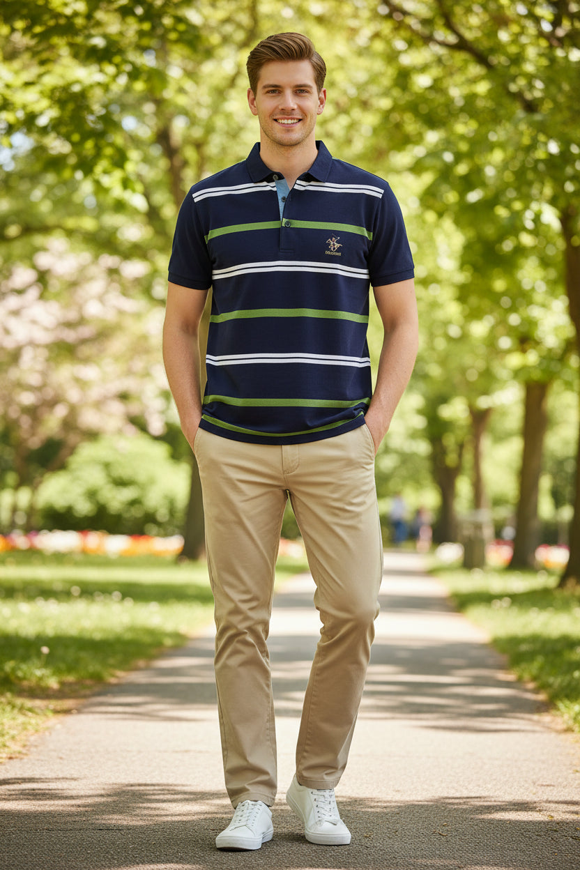 Navy blue polo shirt with white stripes and green accents on a gray background
