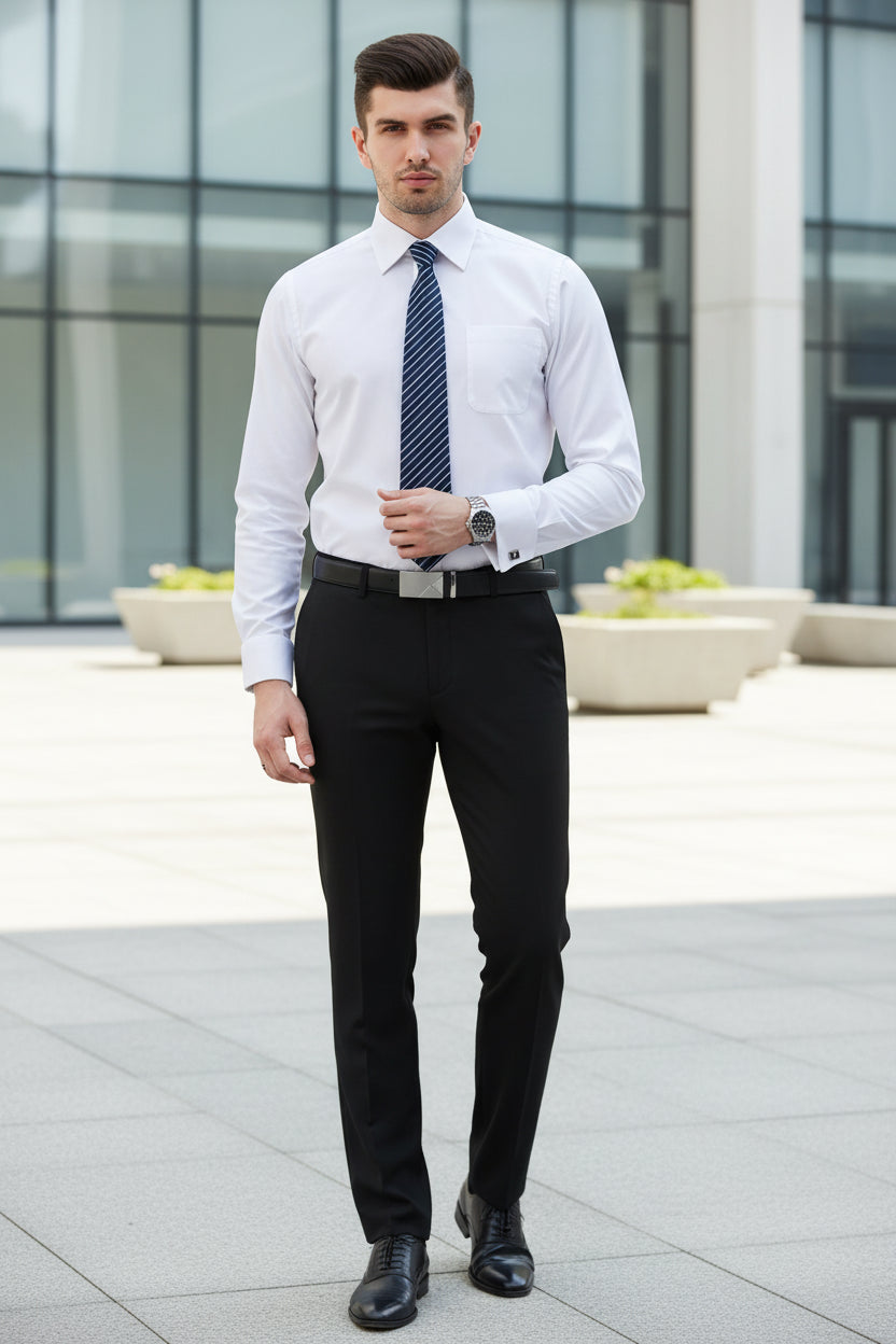 Man adjusting cufflink on white shirt with gray background