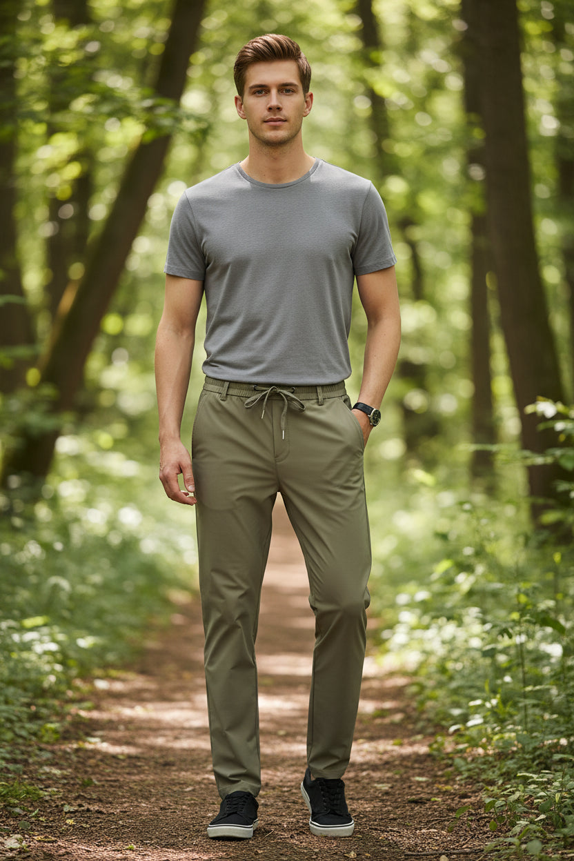 Khaki pants with a drawstring on a white background