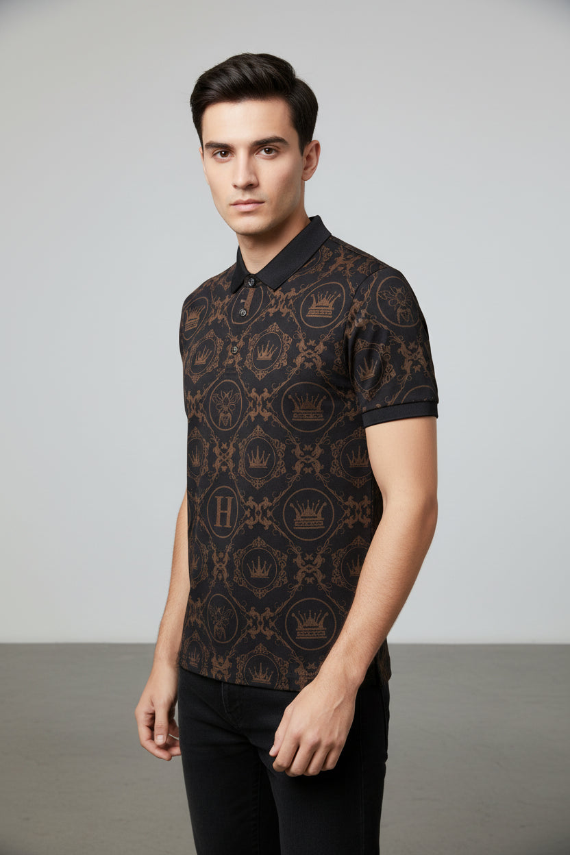 Patterned polo shirt on a hanger against a dark background with text.