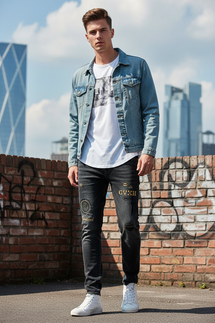 High-End Slim Fit Embroidered Jeans for Men - Casual Autumn Style