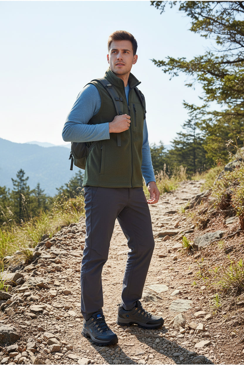 Pair of gray hiking shoes with gold accents on a white background