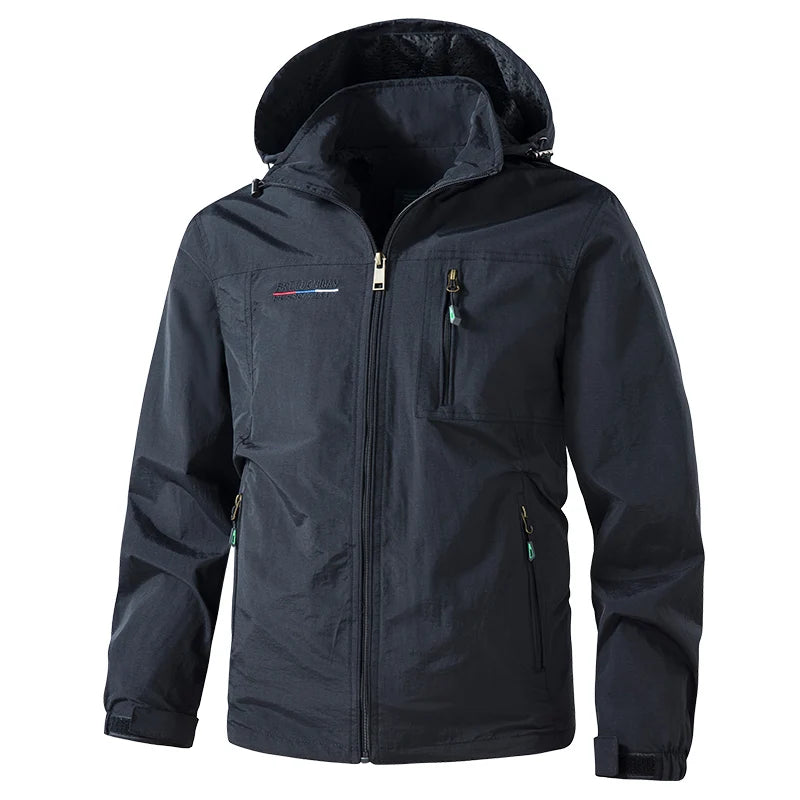 Mens Waterproof Jacket Outdood Hiking Cycling Hooded Windbreaker Multi-Pocket Camping Sportswear Windproof Workwear Coat for Men