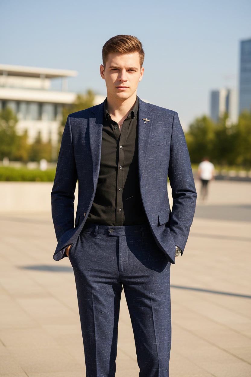 Blue checkered suit jacket and pants on a mannequin against a white background
