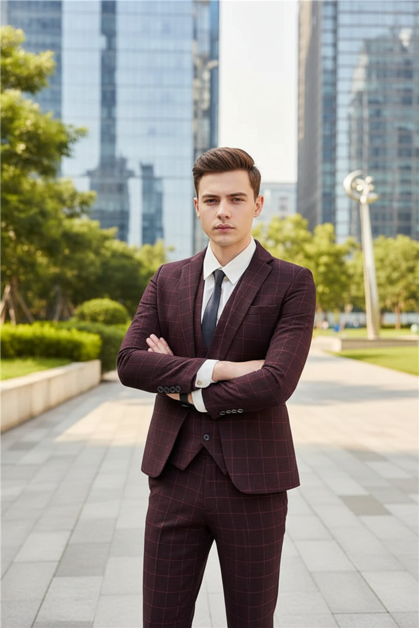 Man wearing a red plaid suit standing in front of a glass door.