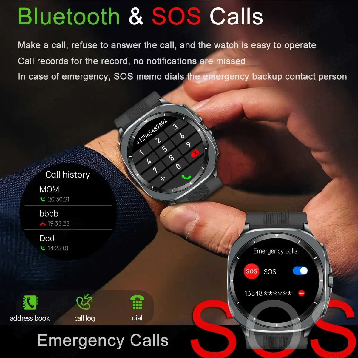 Smartwatch with call history and emergency SOS features displayed on a dark background