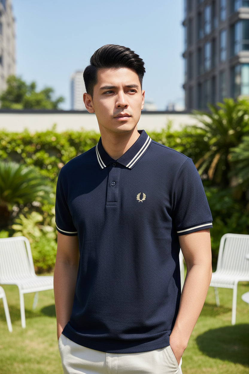 Navy blue polo shirt with white trim held by a hand, with more shirts in the background.