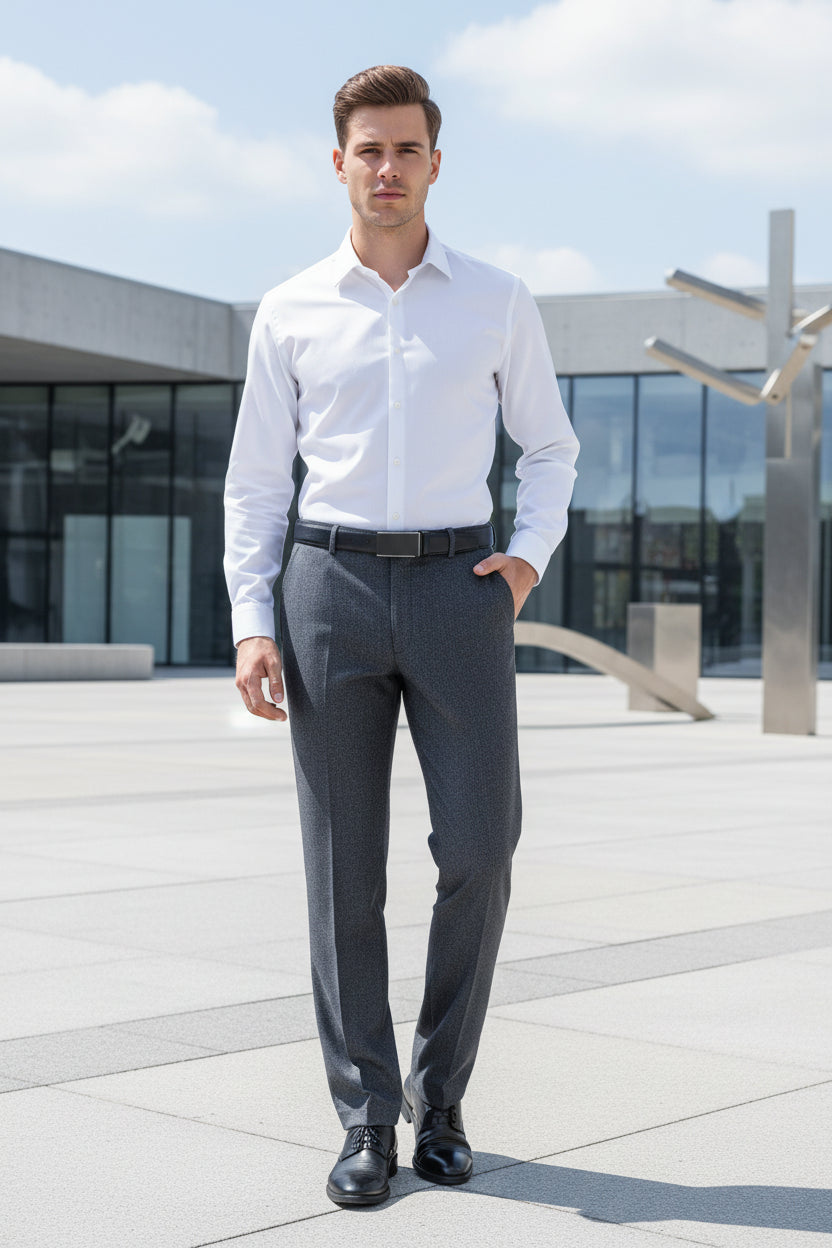 Gray dress pants with a belt on a white background