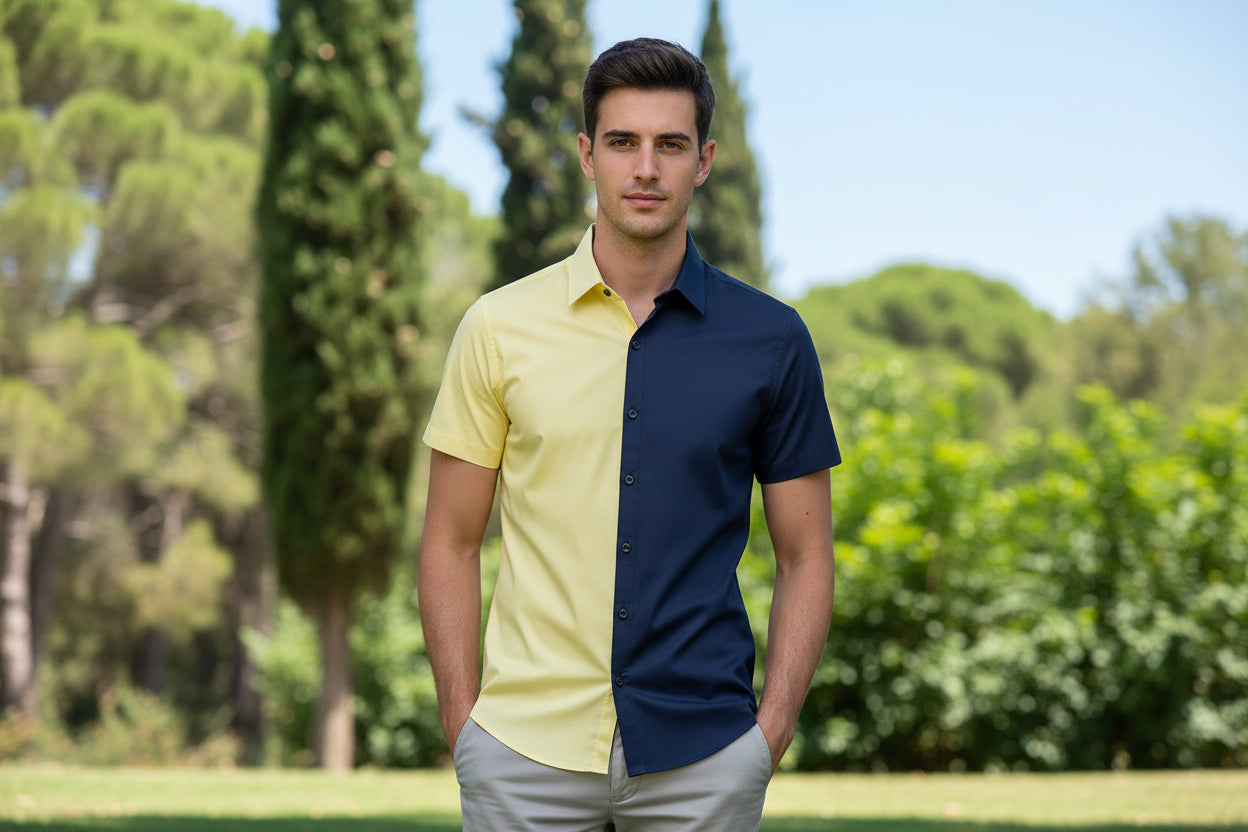 Two-tone yellow and navy shirt on a white background