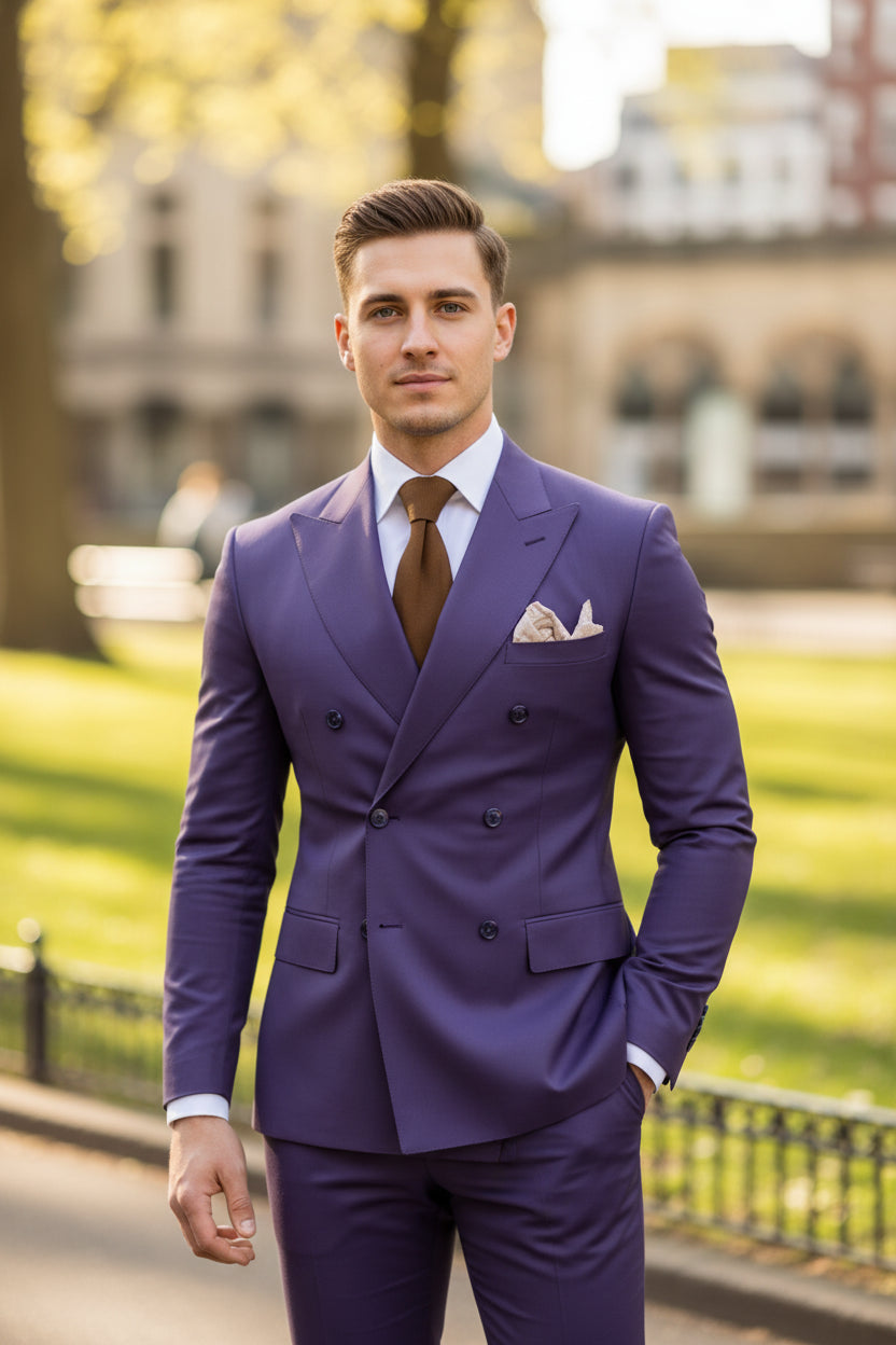 Purple suit with a brown tie and white shirt, featuring 'Customize Mens-Tuxe Store' text.