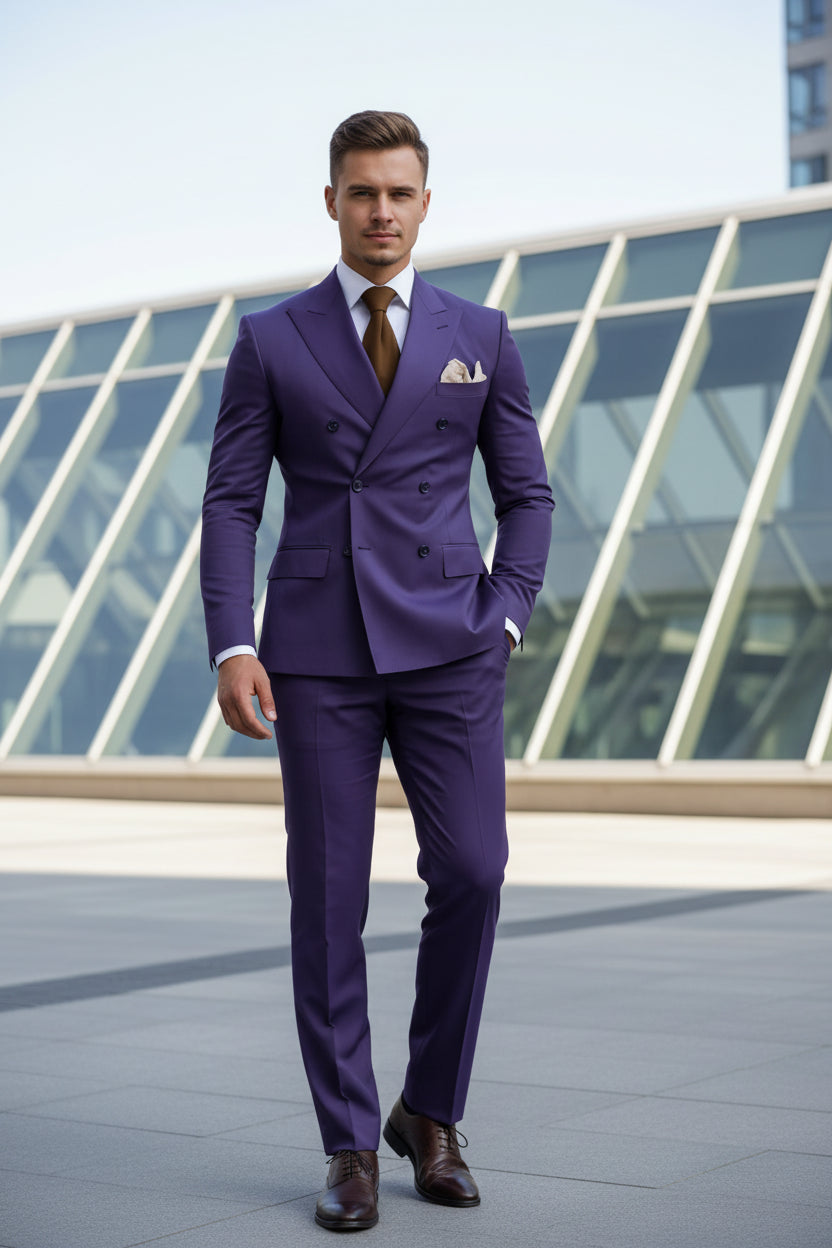 Purple suit with a brown tie and white shirt, featuring 'Customize Mens-Tuxe Store' text.