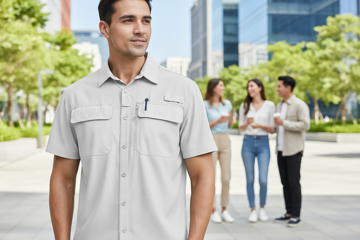 Man wearing a light gray short-sleeve shirt with pockets on a white background