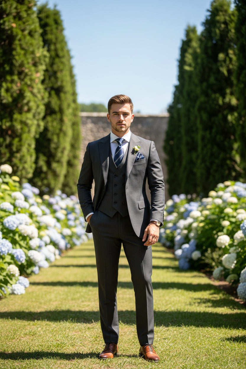 Gray suit with blue tie and pocket square on a white background