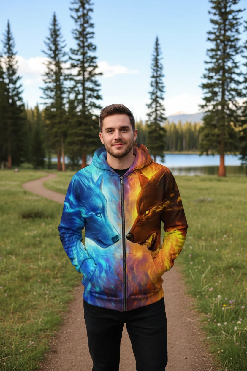 Hoodie with blue and orange wolf design on a white background