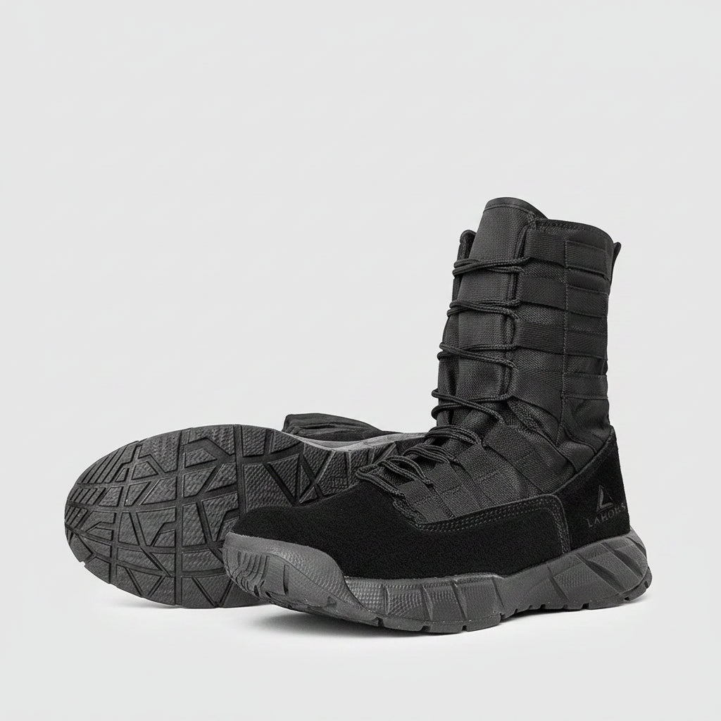Black tactical boots with features highlighted on a white background