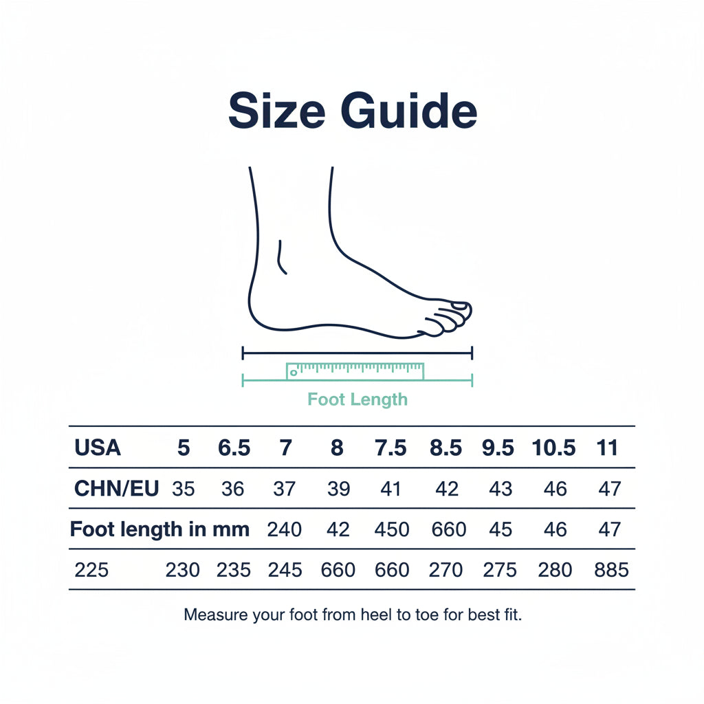 Instructions on how to measure heel to toe length for shoe size determination with diagrams and a chart.