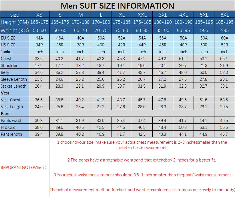 Men's suit size information chart with measurements in centimeters, inches, and EU sizes.