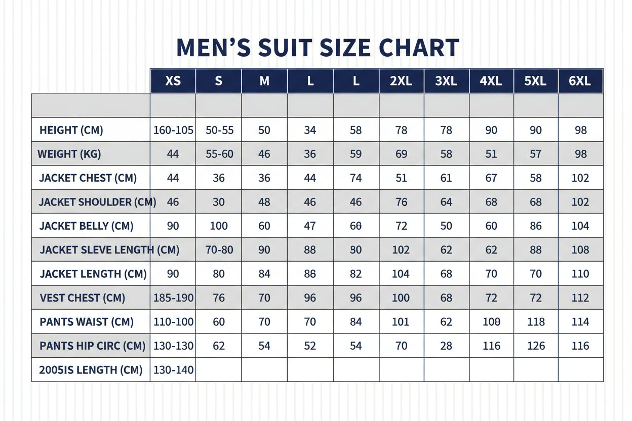 Men's suit size information chart with measurements in centimeters, inches, and EU sizes.