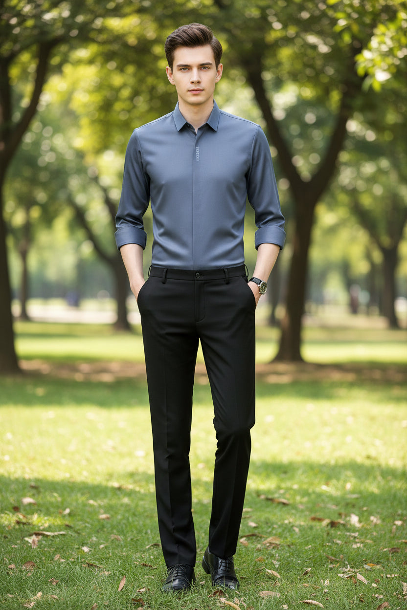 Gray dress shirt with rolled-up sleeves on a gray background