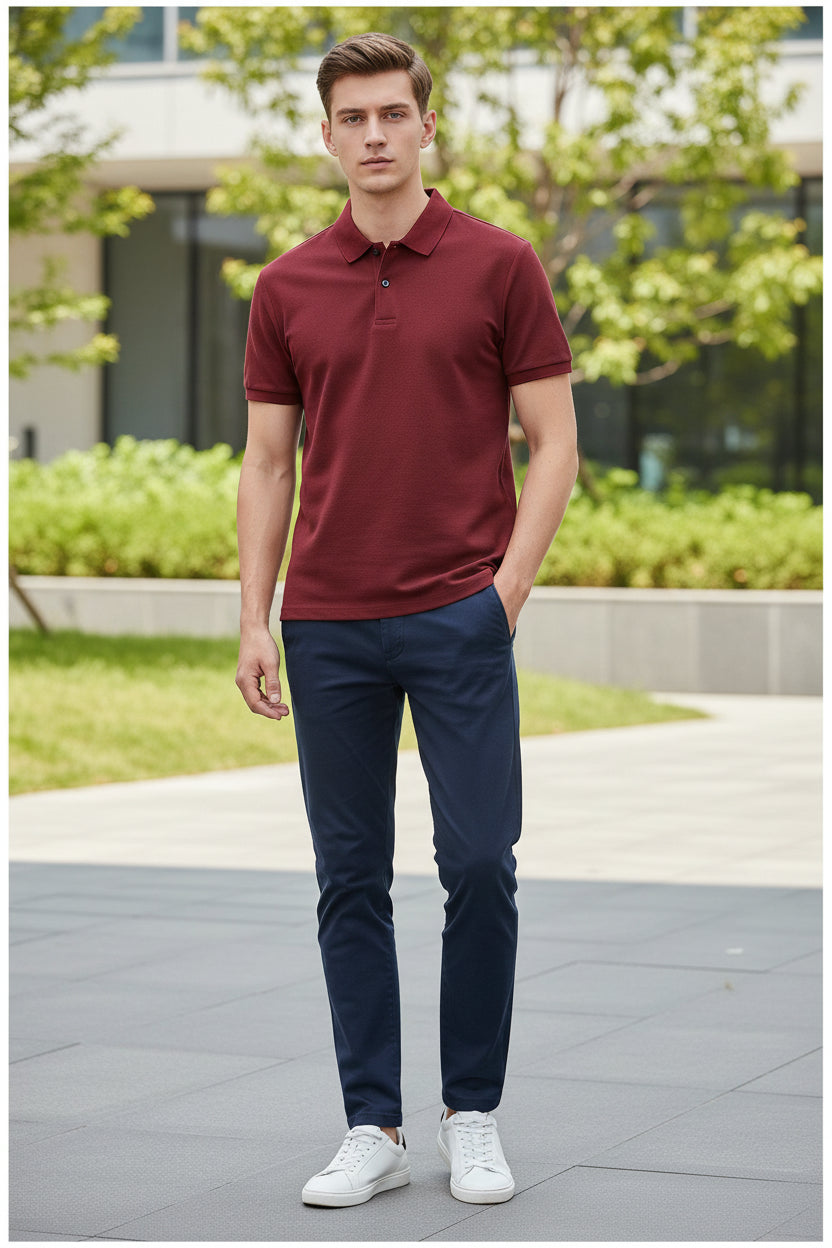 Red polo shirt held by a hand with other colors in the background