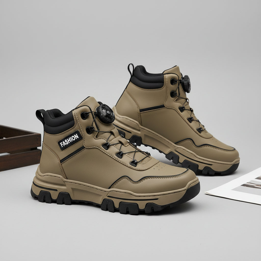 Beige boots with black accents on a gray surface