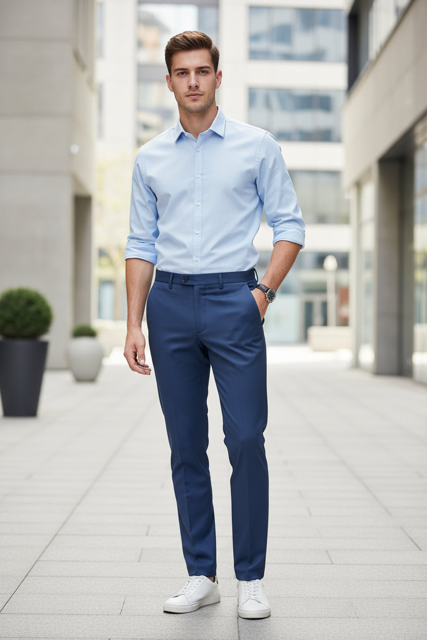 lite Blue Button Down Shirt Dark Blue Pants wearing ouside