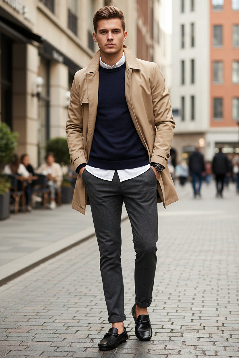 Black loafers on a gray surface with a hand holding one shoe.