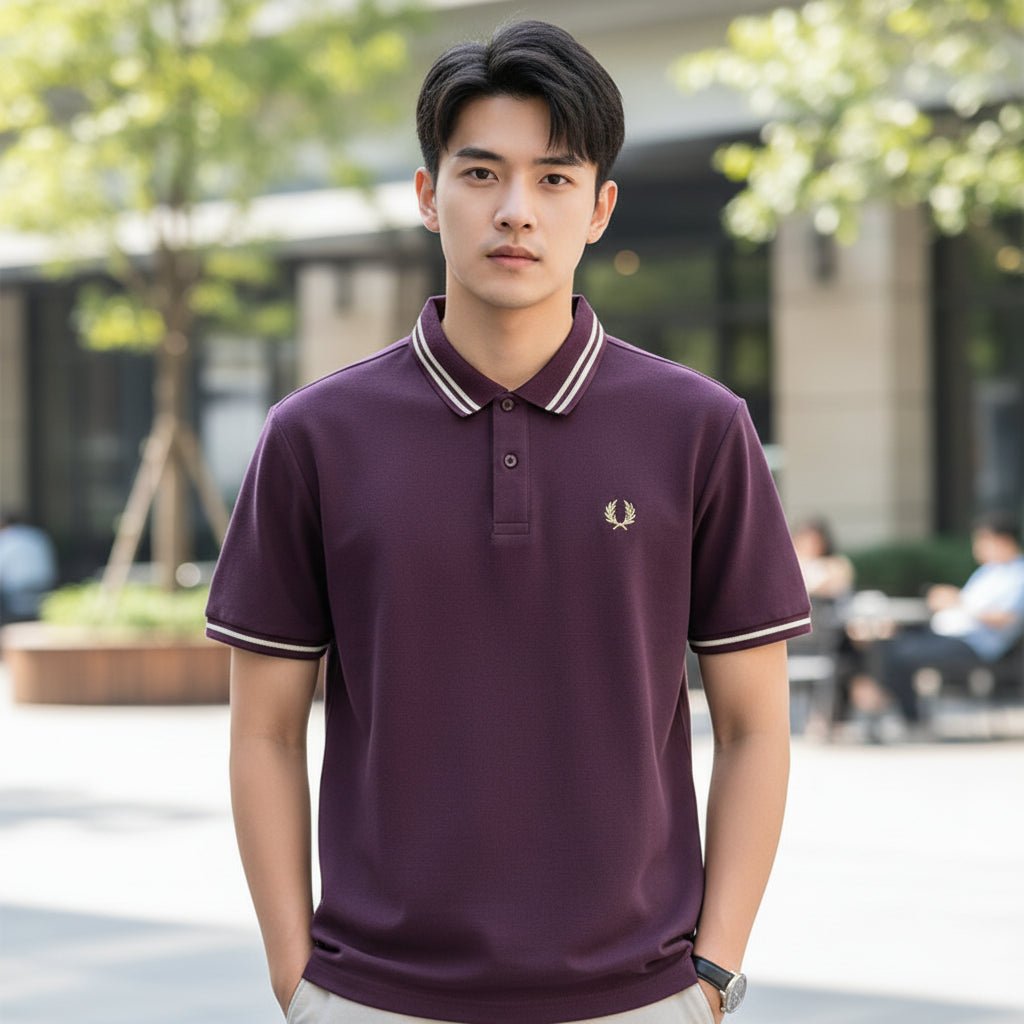 Purple polo shirt with a brand logo held by a hand, with other shirts in the background.