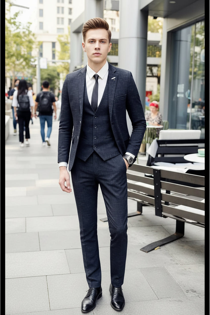 Person wearing a dark plaid suit with a white shirt in an outdoor setting.