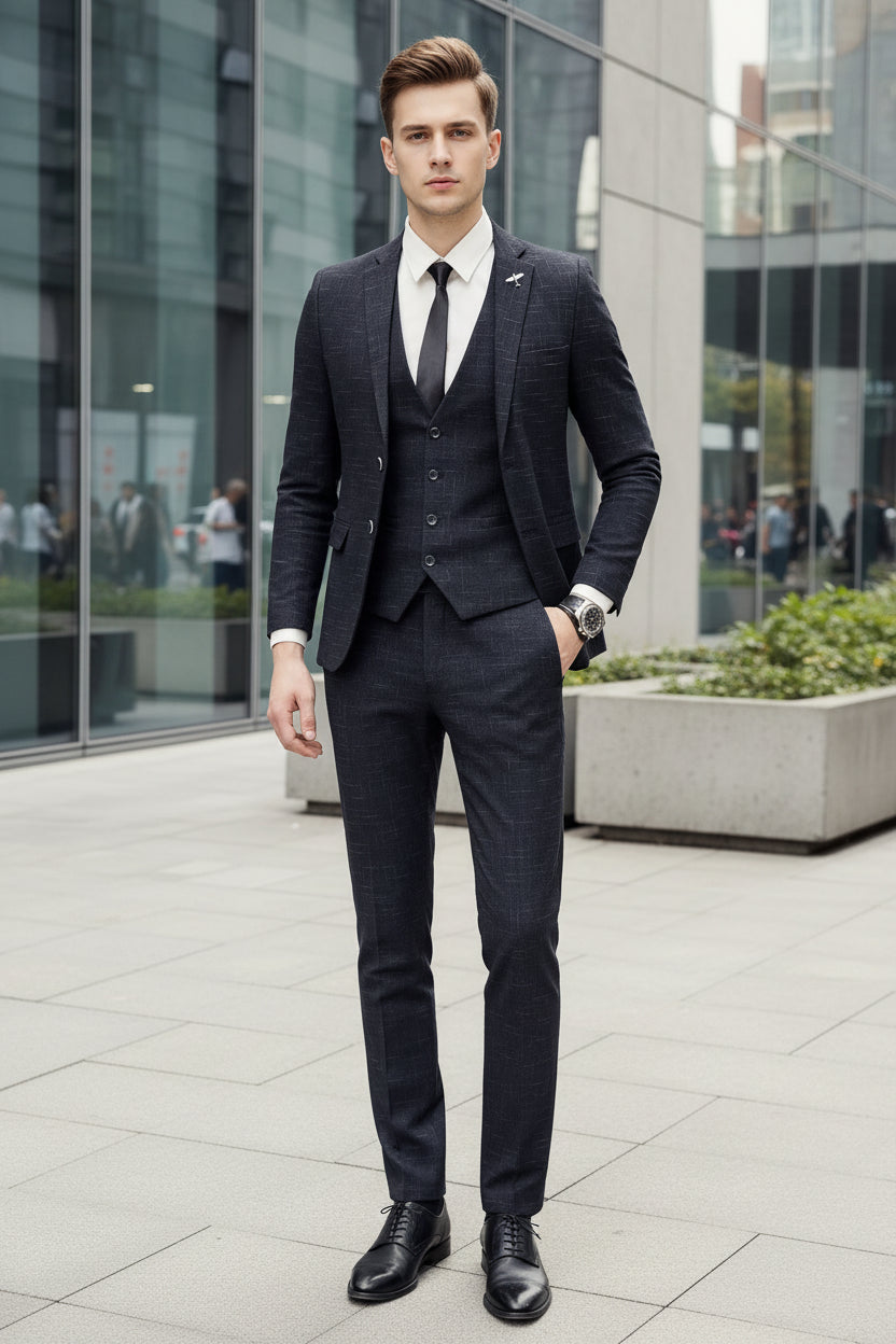Person wearing a dark plaid suit with a white shirt in an outdoor setting.