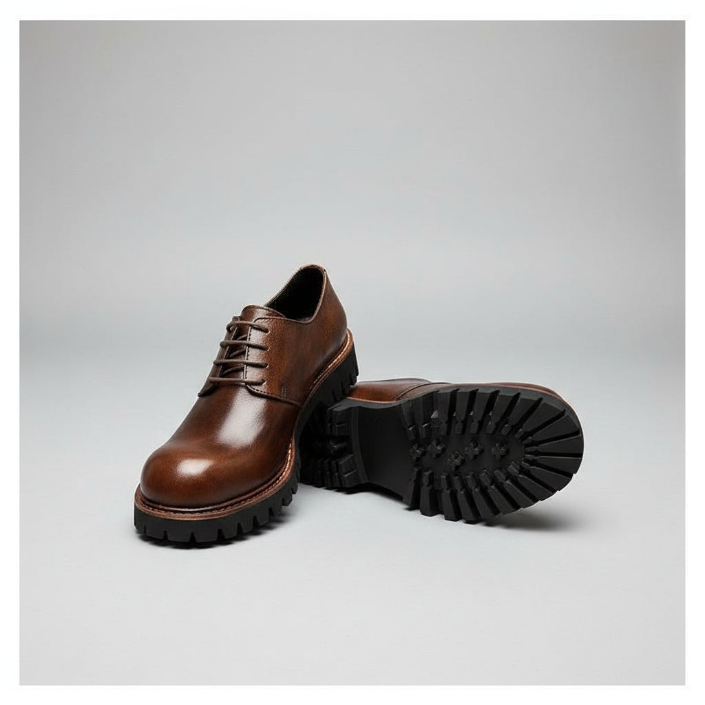 Pair of brown leather shoes on a wooden surface with a newspaper.