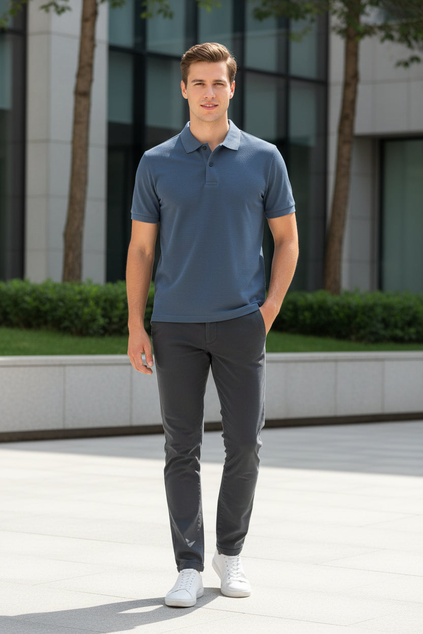 Blue polo shirt on a hanger with a hand touching it