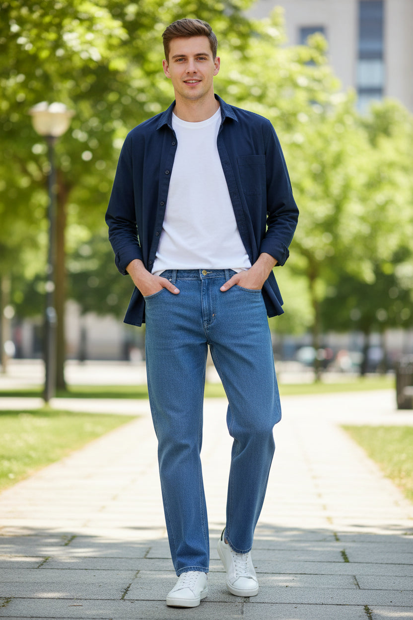 Pair of blue jeans on a beige textured background
