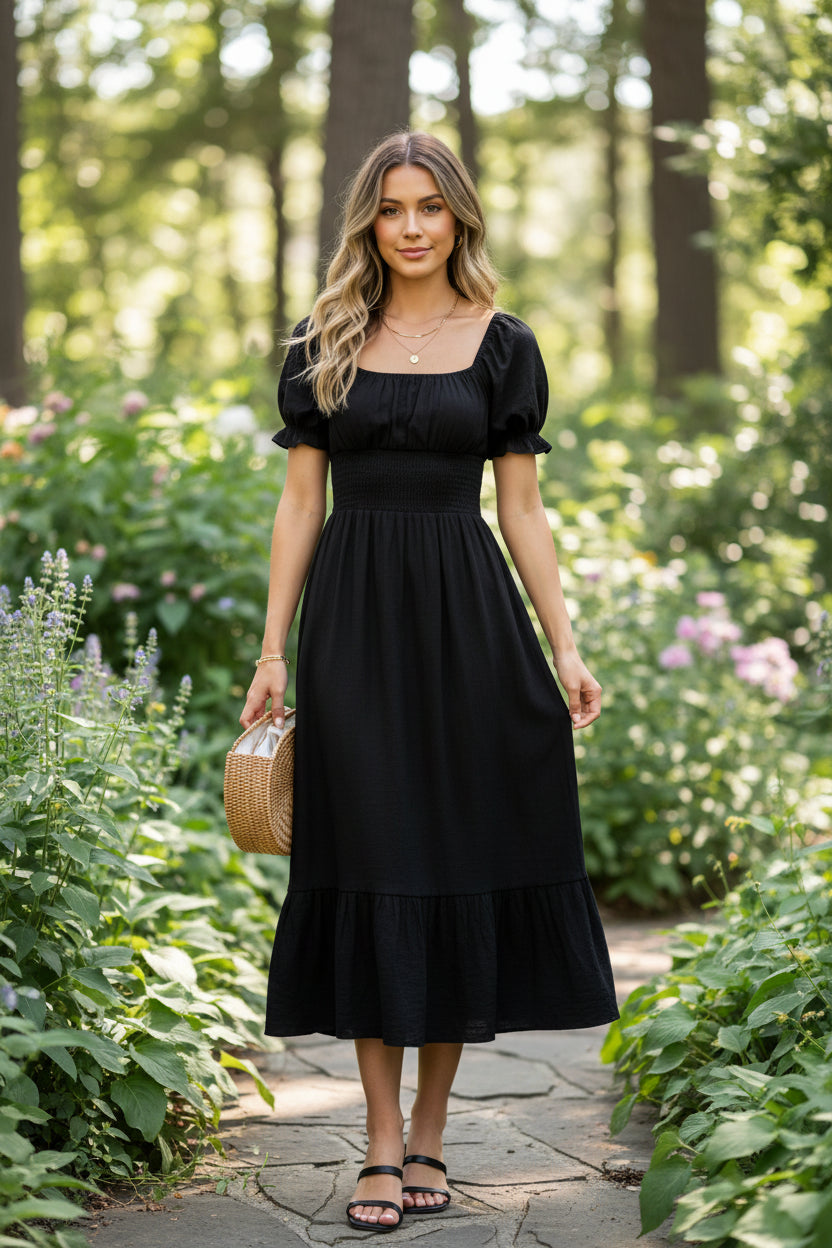Woman wearing a black dress holding a woven bag against a neutral background