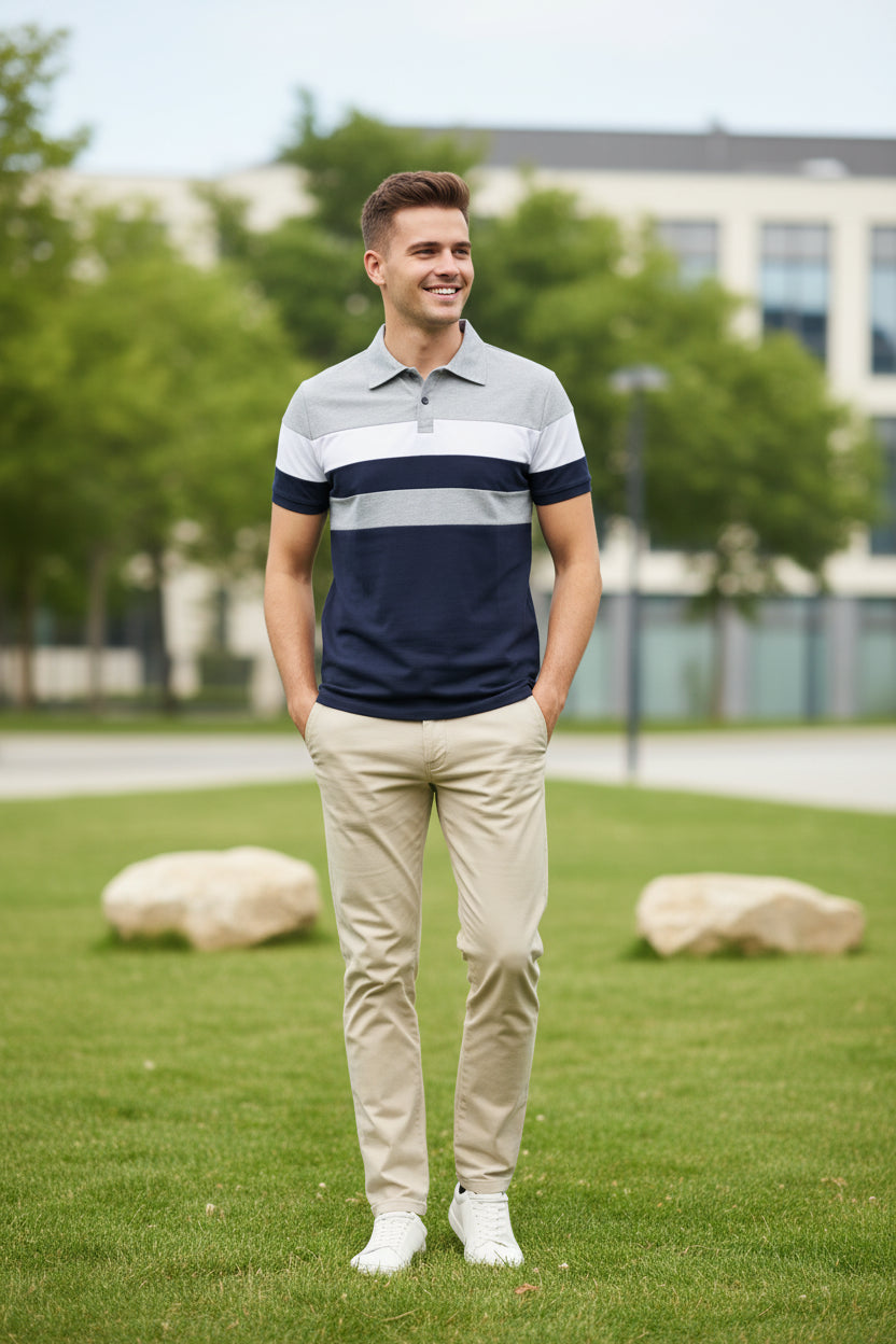 Striped polo shirt with navy, white, and gray colors on a white background