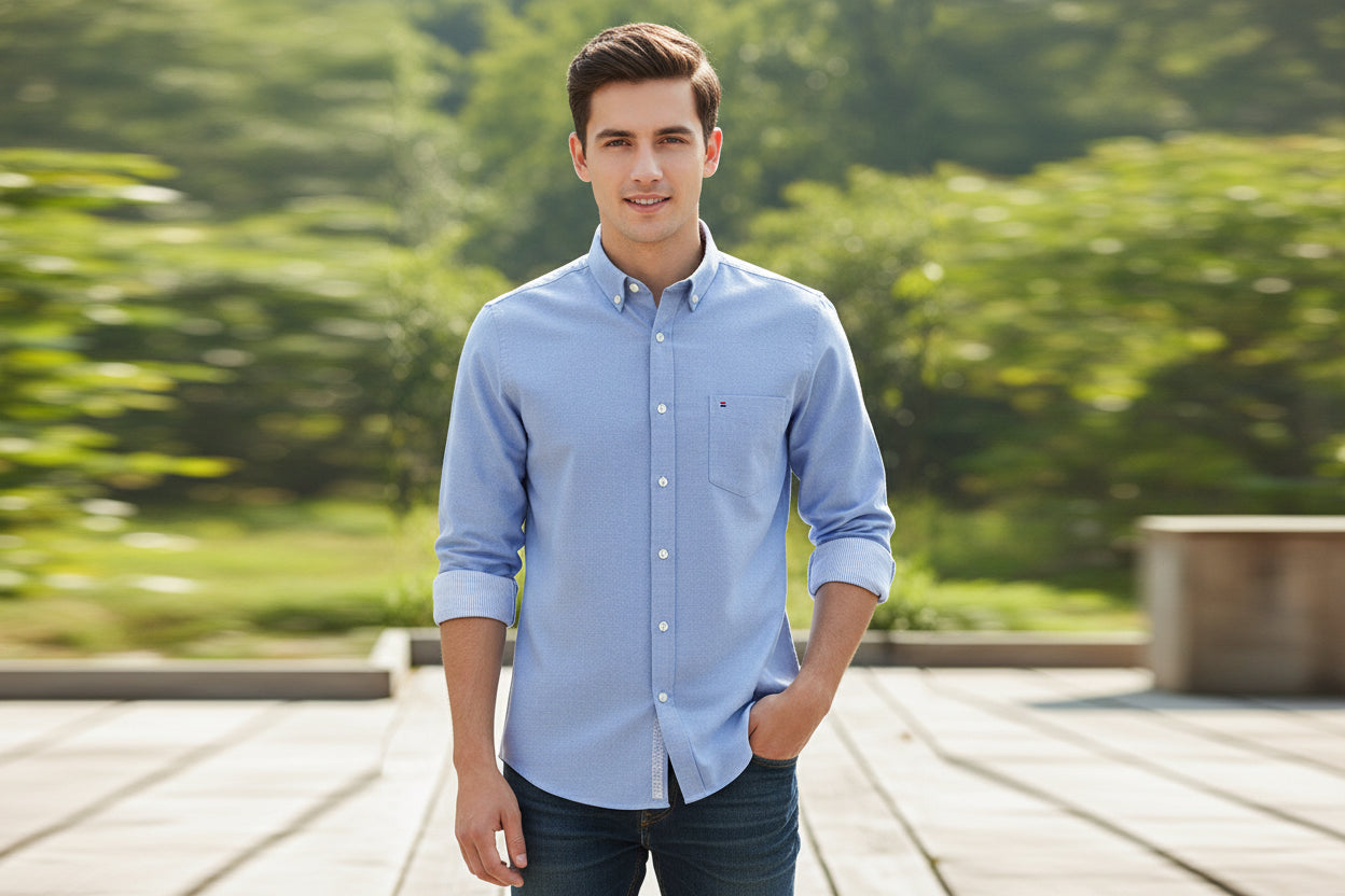Classic Fit Cotton Long Sleeve Casual Shirt for Men - Solid Color, Slim Fit