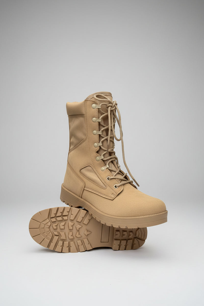 Tan combat boots with a scenic background of mountains and water.