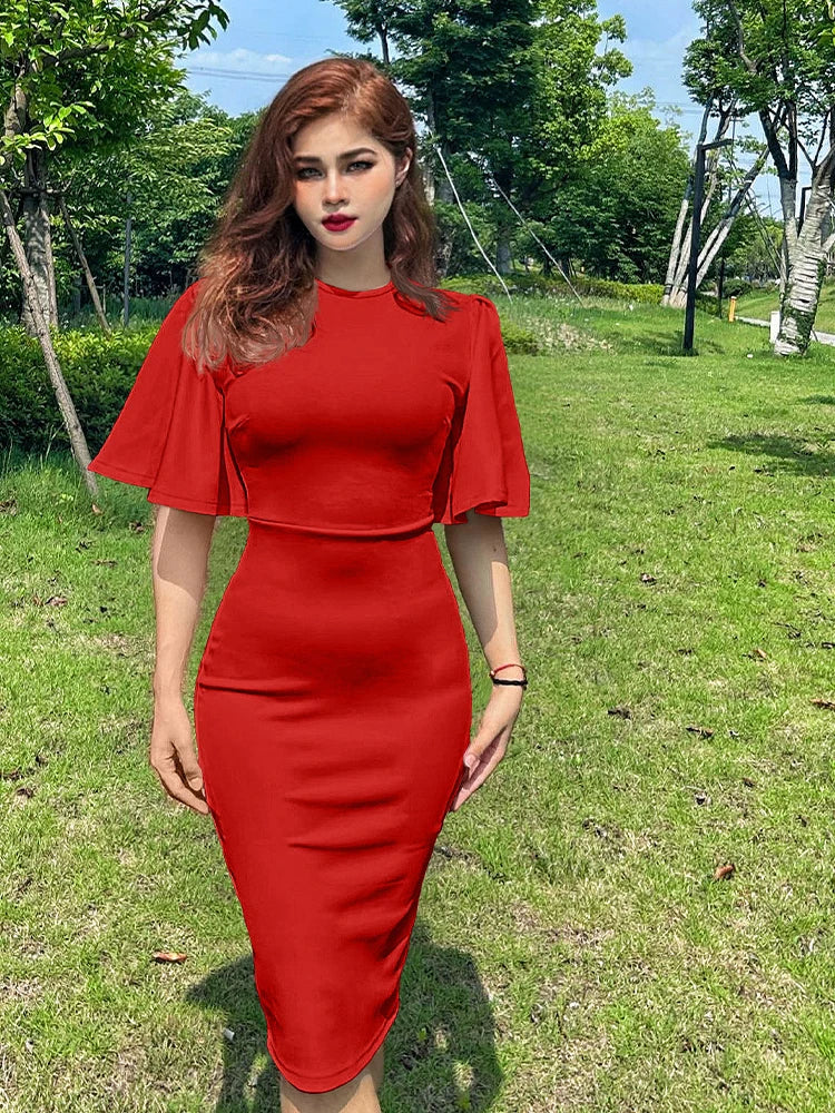 Slim Fit Midi Dress for Women - Crew Neck Half Sleeve Hips