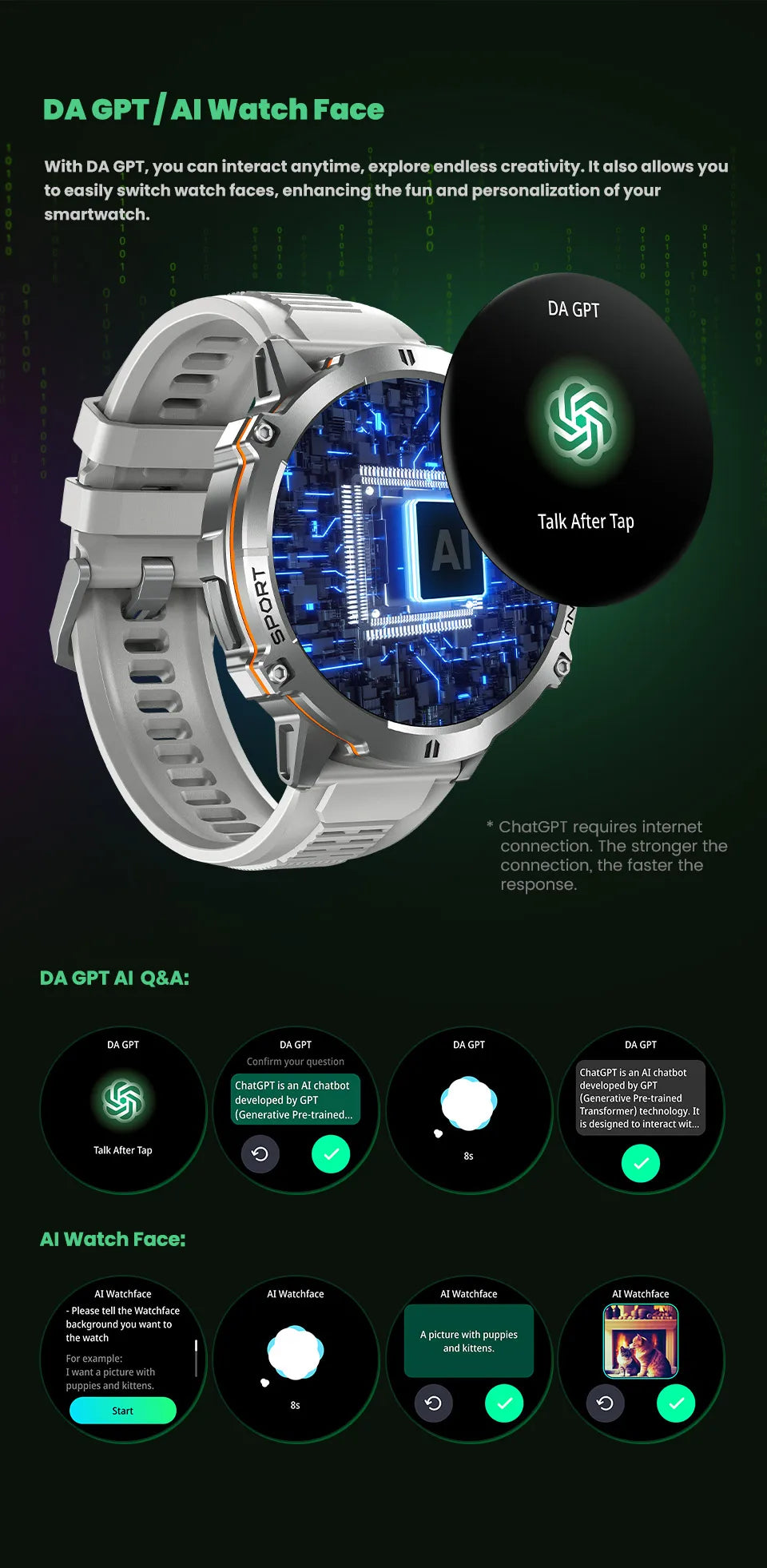 Smartwatch with AI watch face interface on a dark background