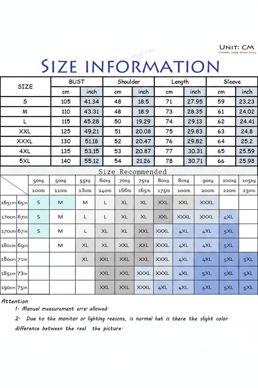 Size information chart for clothing with measurements in centimeters and inches.